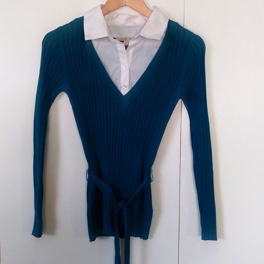 Carolyn Taylor teal knit sweater with white woven collar size Medium